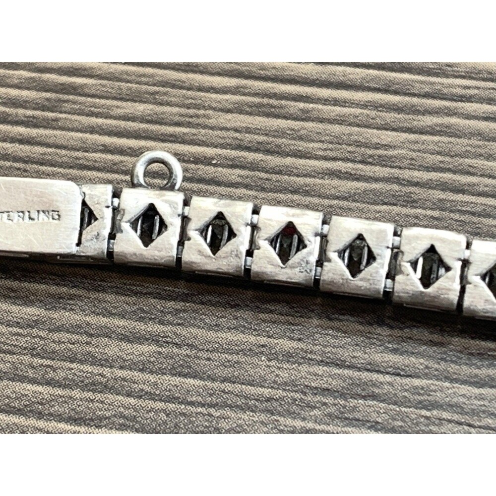 Vintage Red Rhinestone Tennis Bracelet 925 Sterling Silver Square Cut 7" - Picture 13 of 15